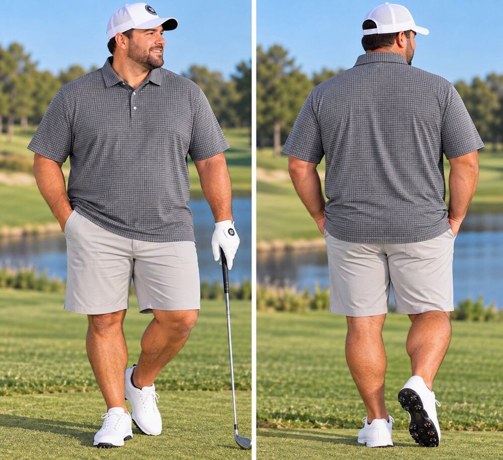 PGA TOUR Men's 3XL Big & Tall Gray Check Golf Polo Short Sleeve UV Moisture